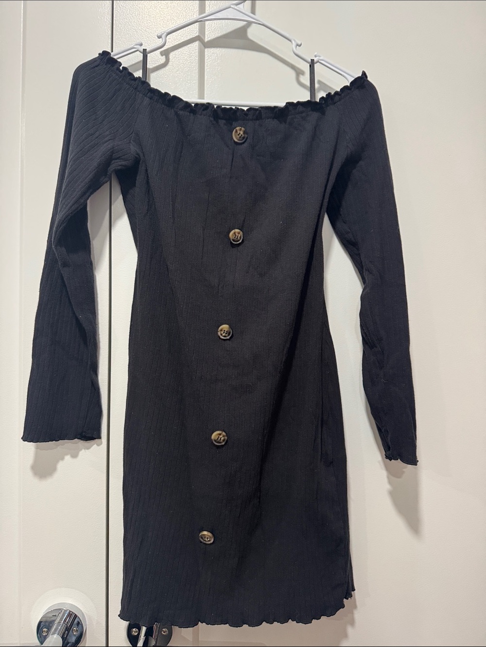 SHEIN Black Off-Shoulder Mini Dress with Front Buttons